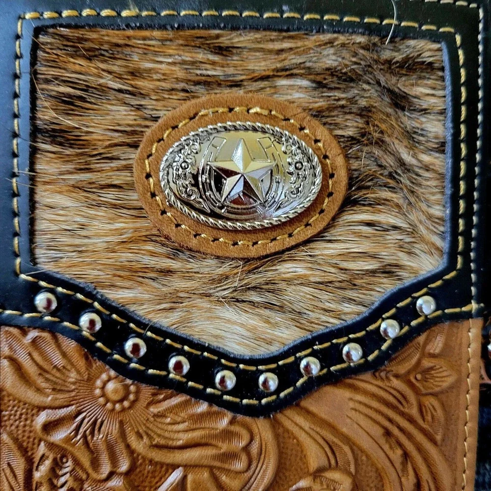 Star Sheriff Star Western wallet genuine leather cow hair hand tooled Bifold... - Picture 2 of 10